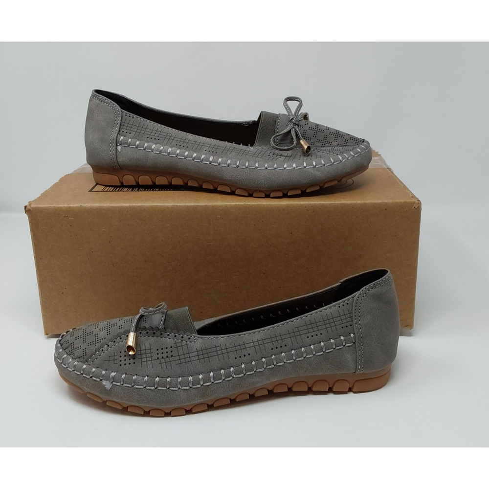 Women’s Gray Suede Driving Loafers Bow Accent Comfort Flats Rubber Sole